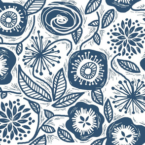 Linocut Leaves and Petals - Navy - LARGE SCALE