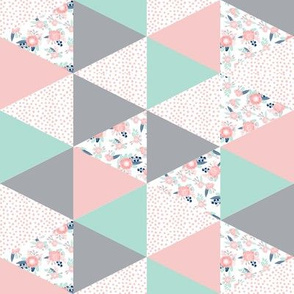 triangle cheater quilt pink grey and mint