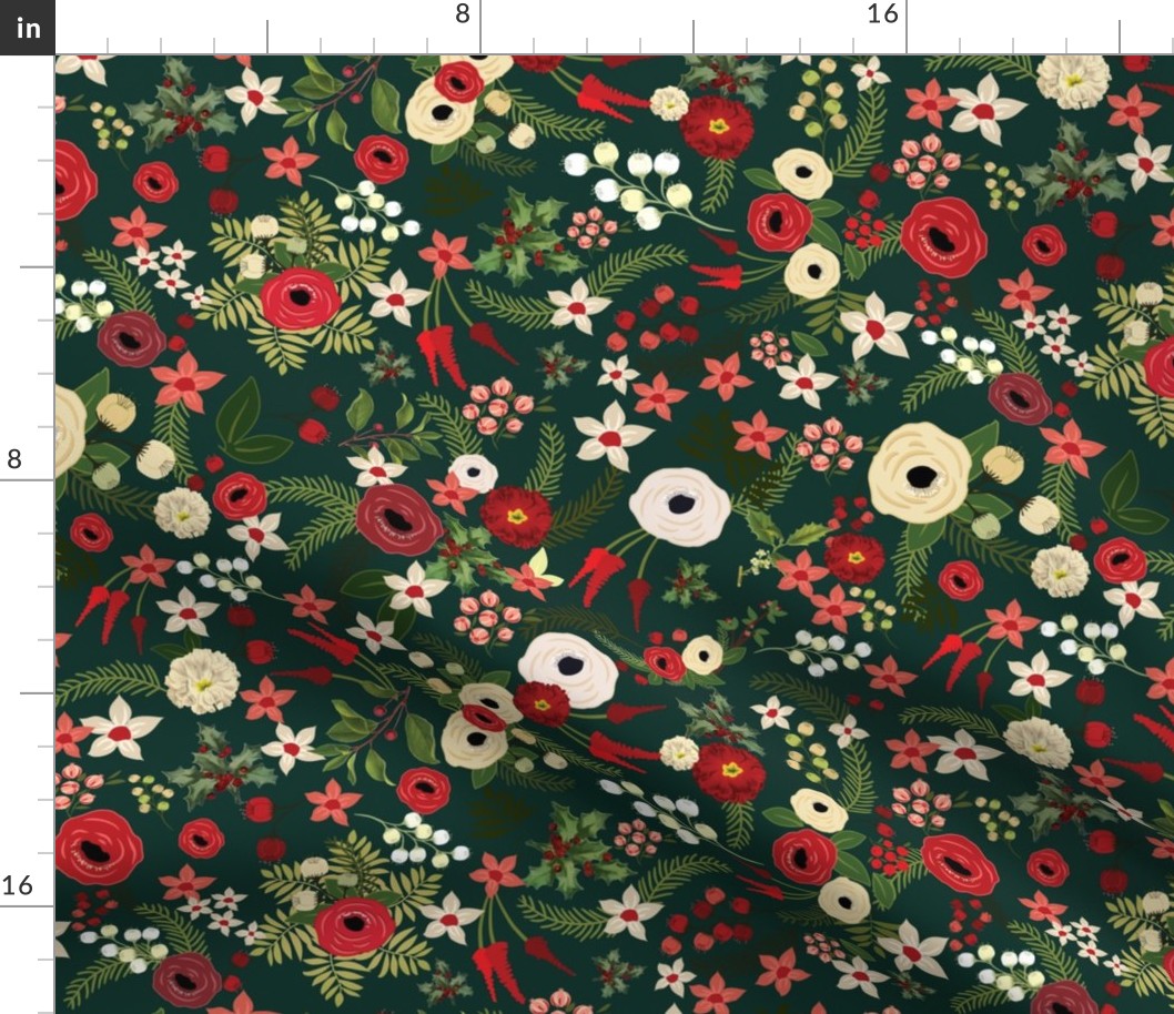 Vintage Christmas Floral Hunter Green