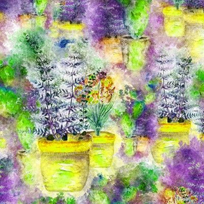 WATERCOLOR DREAMY GARDEN YELLOW VIOLET LIME FERN FLOWERS CACTUS