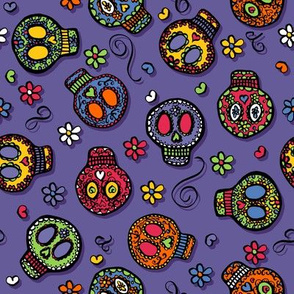 Sugar Skulls (on purple) - by Kara Peters
