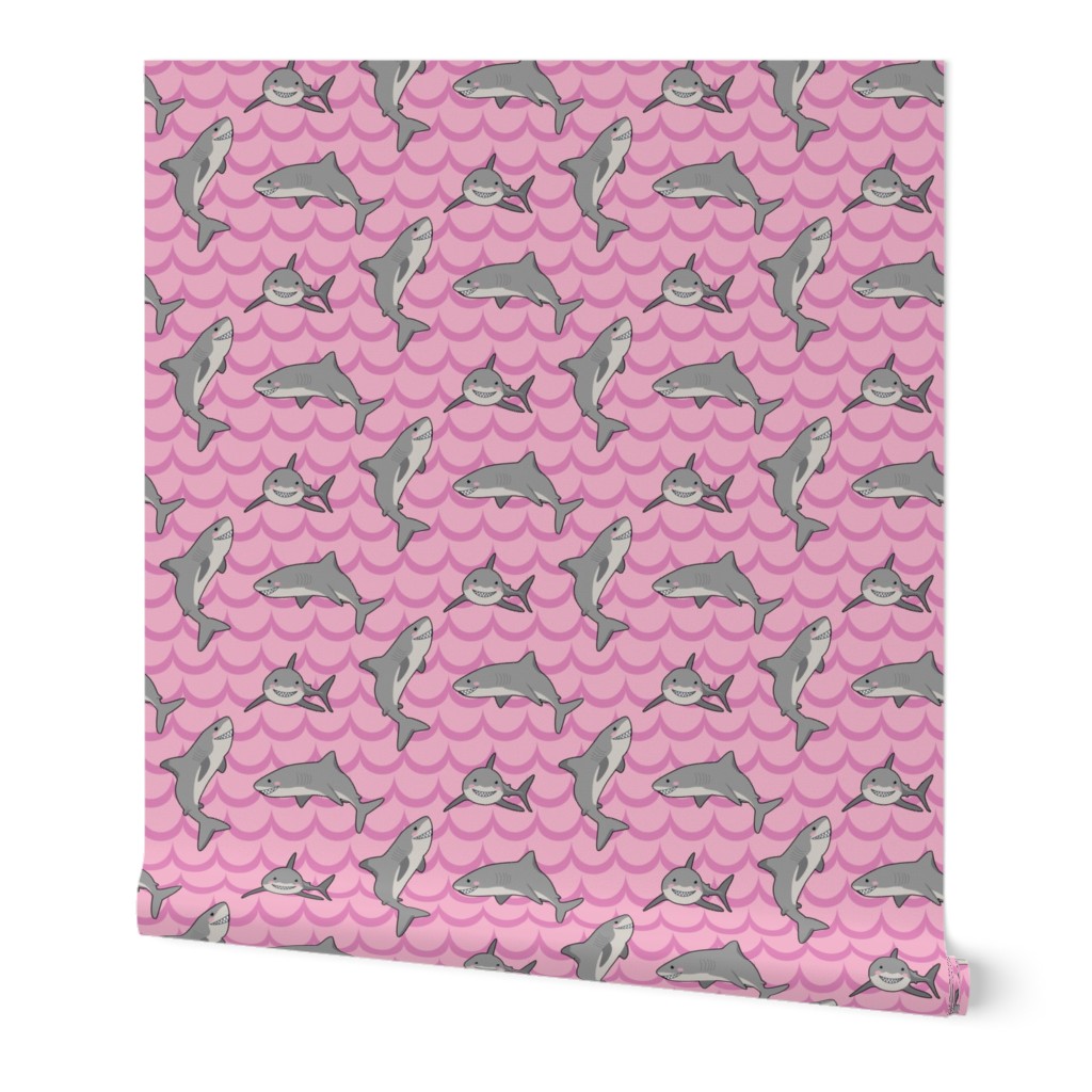  Kawai sharks in pink waves 