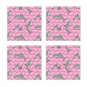  Kawai sharks in pink waves 