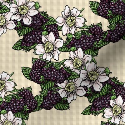 Blackberry Flowers and Berries - Kraft Gingham - Large Scale