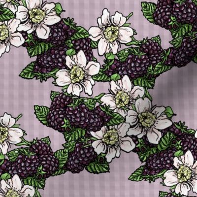 Blackberries and Flowers - Lavender Gingham - Large Scale