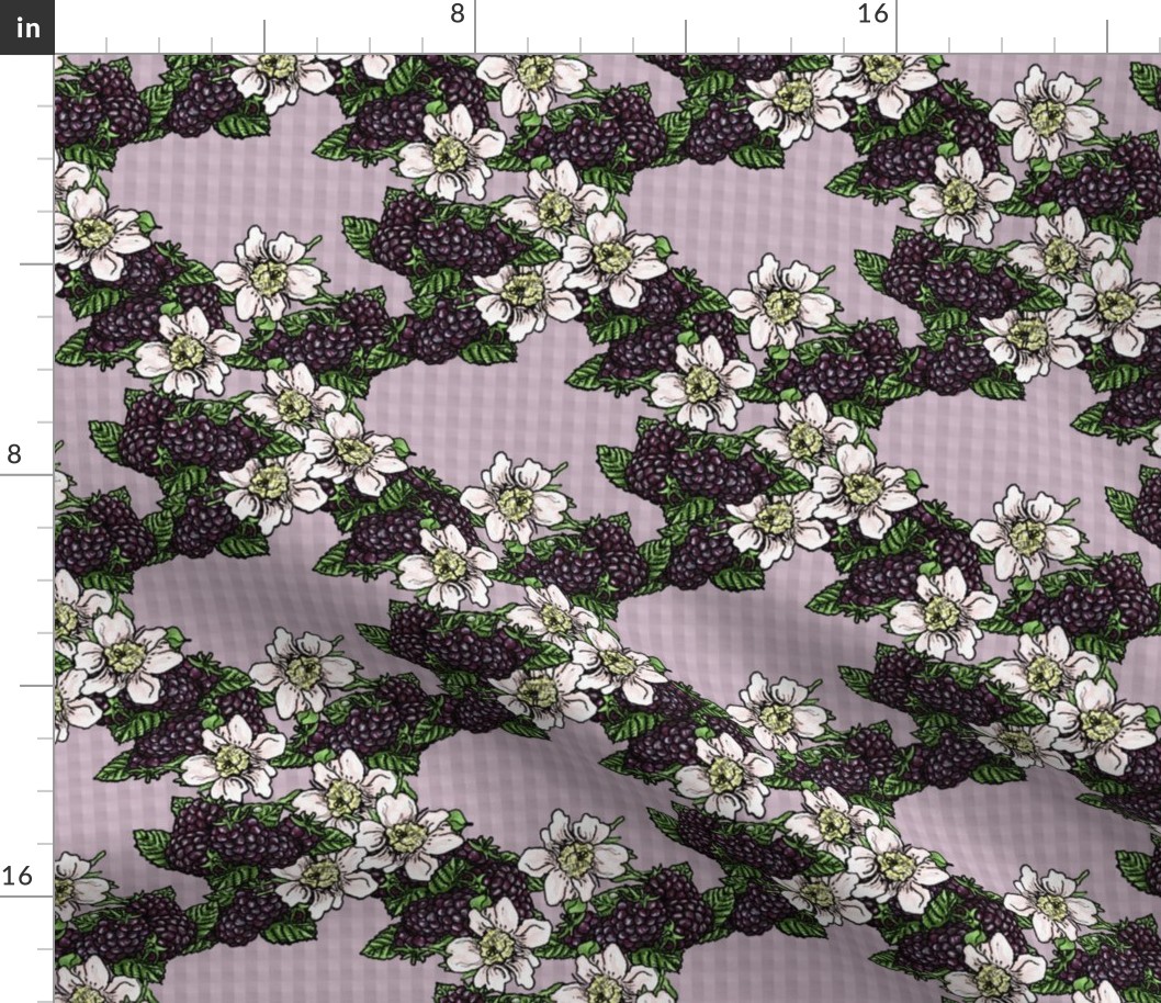 Blackberries and Flowers - Lavender Gingham - Large Scale