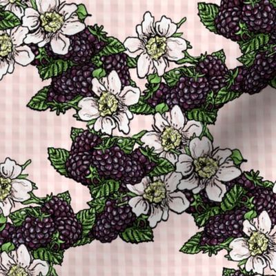 Blackberries and Flowers - Light Pink Gingham - Small Scale