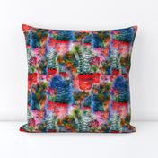 WATERCOLOR DREAMY GARDEN RED BLUE FERN FLOWERS CACTUS