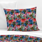 WATERCOLOR DREAMY GARDEN RED BLUE FERN FLOWERS CACTUS