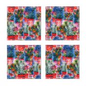 WATERCOLOR DREAMY GARDEN RED BLUE FERN FLOWERS CACTUS