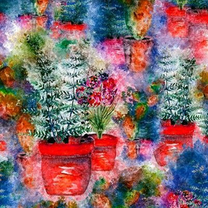 WATERCOLOR DREAMY GARDEN RED BLUE FERN FLOWERS CACTUS