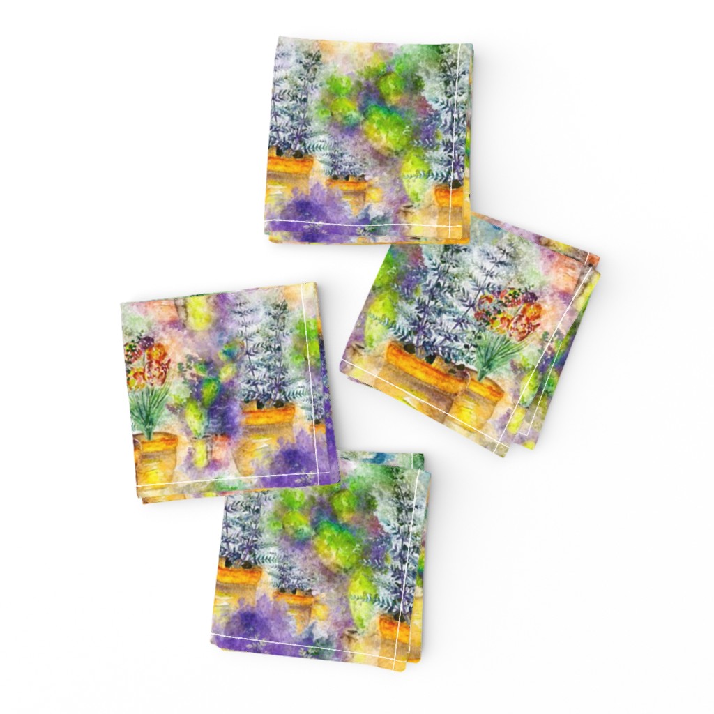 WATERCOLOR DREAMY GARDEN GOLD PURPLE FERN FLOWERS CACTUS