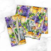 WATERCOLOR DREAMY GARDEN GOLD PURPLE FERN FLOWERS CACTUS