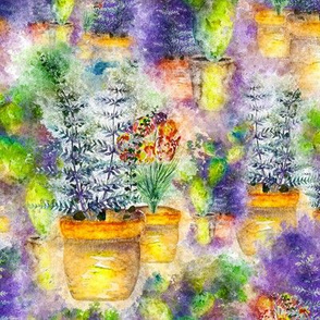 WATERCOLOR DREAMY GARDEN GOLD PURPLE FERN FLOWERS CACTUS