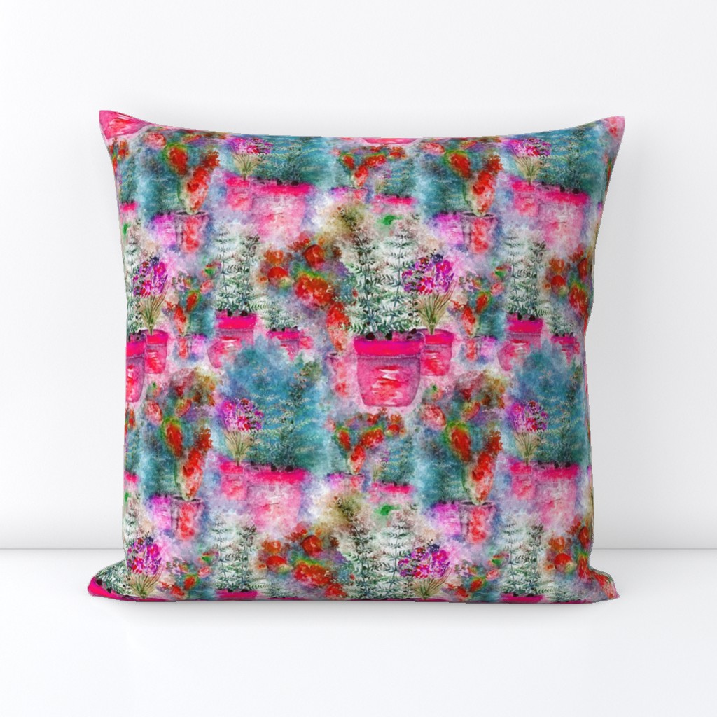 WATERCOLOR DREAMY GARDEN FUCHSIA PINK AQUA BLUE FERN FLOWERS CACTUS