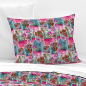 WATERCOLOR DREAMY GARDEN FUCHSIA PINK AQUA BLUE FERN FLOWERS CACTUS