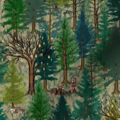 Medium Forest with bear and squirrel, gender neutral, trees, mushrooms, kids, baby boy, home decor, curtain, autumn, outdoors