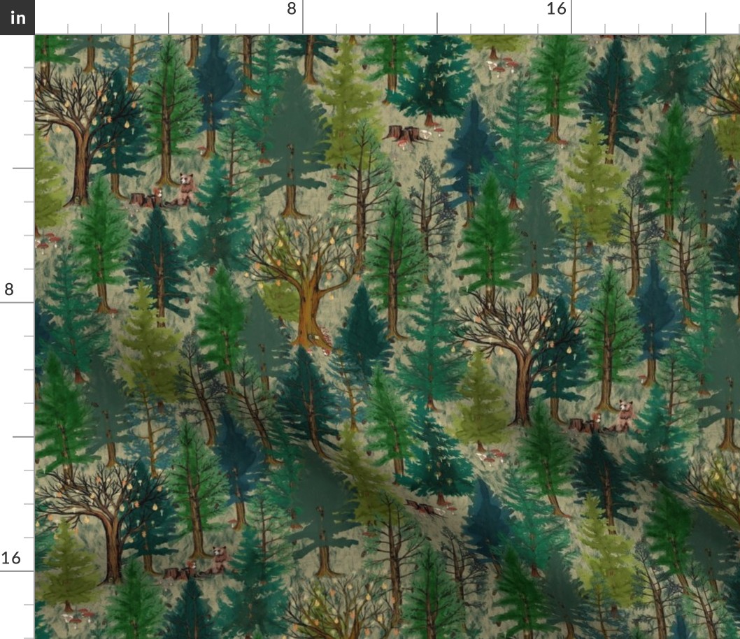 Medium Forest with bear and squirrel, gender neutral, trees, mushrooms, kids, baby boy, home decor, curtain, autumn, outdoors