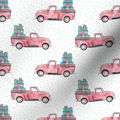 vintage truck with gifts - watercolor pink