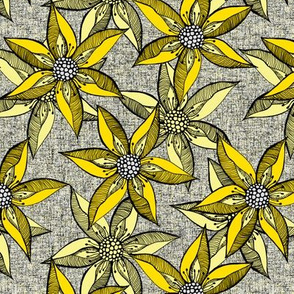 Love Blooms in Sunshine (# 4) - Black on Silver Mist Linen Texture with Daffodil Yellow and Buttery Yellow - Medium Scale