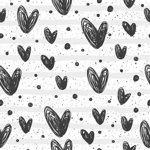 Doodle Hearts // Black on Gray Stripes