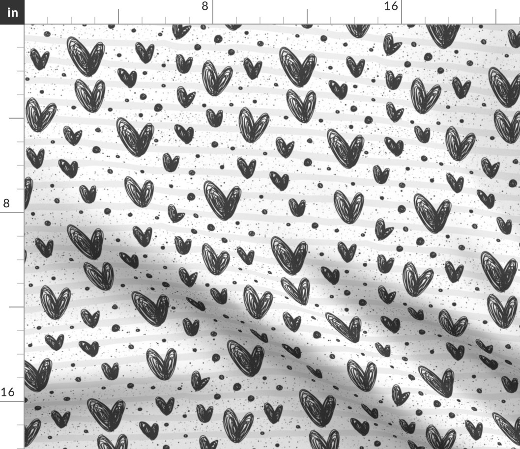 Doodle Hearts // Black on Gray Stripes