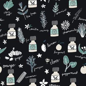 essential oils fabric // botanical essential oils design nature herbal medicine design - black