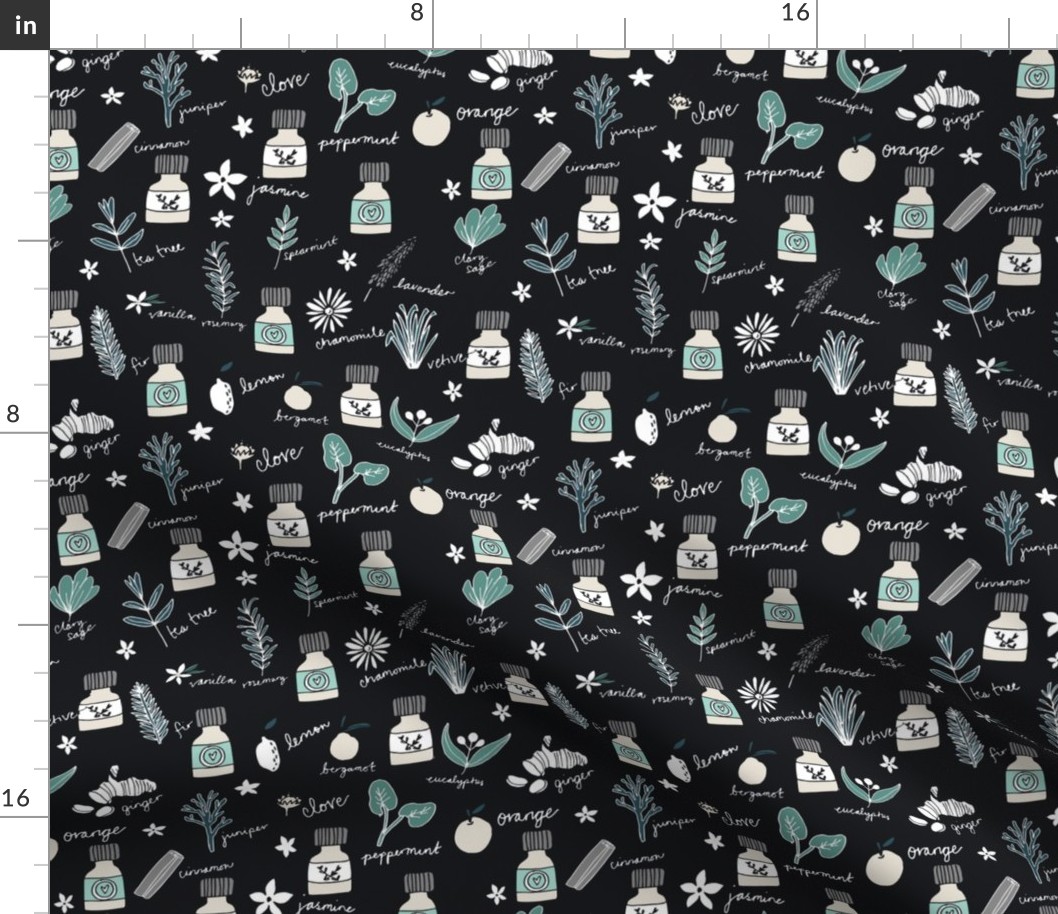 essential oils fabric // botanical essential oils design nature herbal medicine design - black