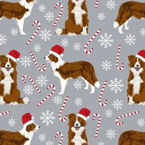 border collie dog fabric christmas red and white border collies - grey