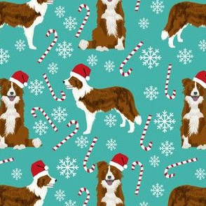 border collie dog fabric christmas red and white border collies - turquoise