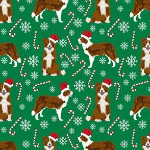 border collie dog fabric christmas red and white border collies - green