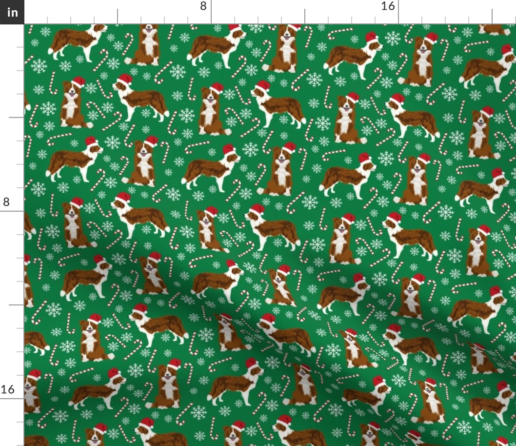 border collie dog fabric christmas red and white border collies - green