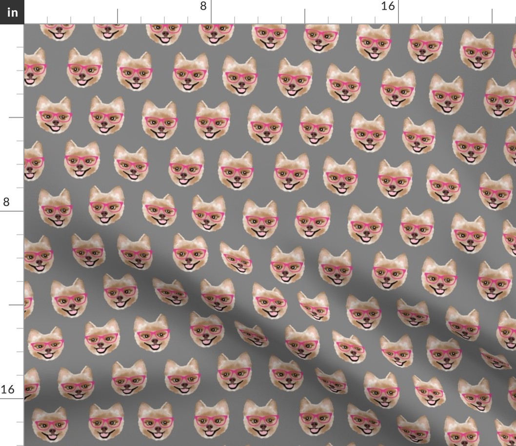 pomeranian dog fabric pom with glasses - shorthaired dog fabric - grey