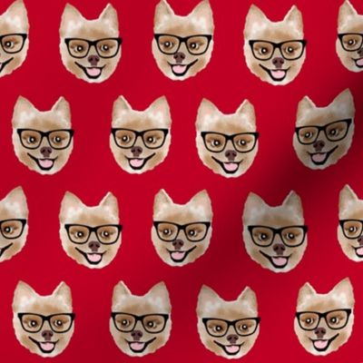 pomeranian dog fabric pom with glasses - shorthaired dog fabric - red