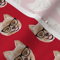 pomeranian dog fabric pom with glasses - shorthaired dog fabric - red