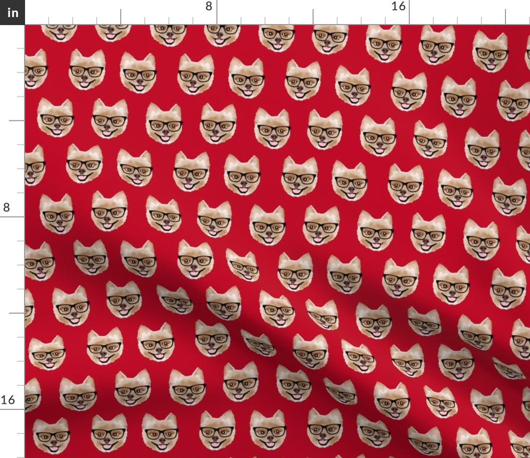 pomeranian dog fabric pom with glasses - shorthaired dog fabric - red