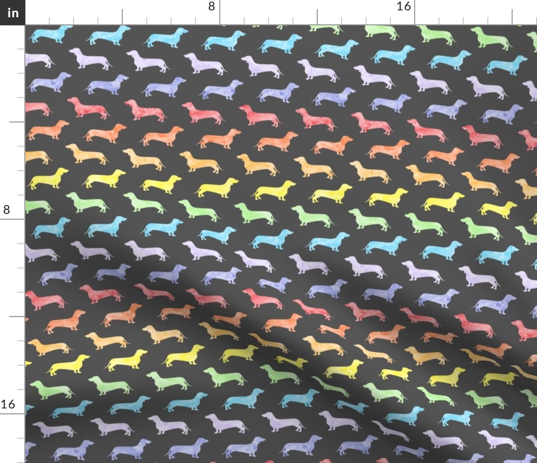 Weiner dog fabric - dachshund rainbow on grey