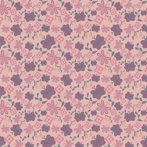 Pink Butterflies and Flowers // Teal, Dark Pink // 4x4