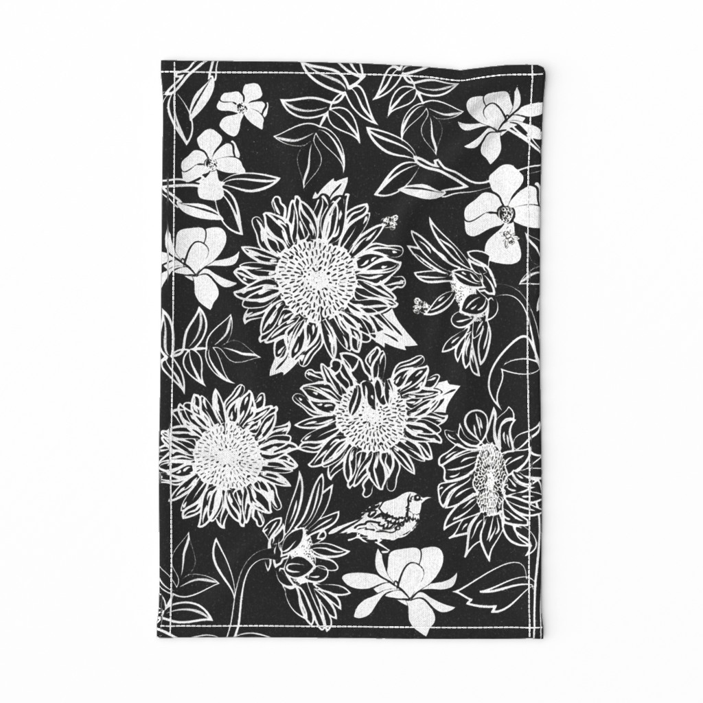 Botanical Sunflower Bouquet Teatowel black