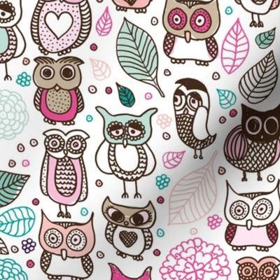 Cool owls and autumn leaves forest design pink girls