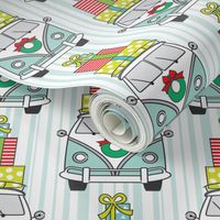 christmas camper vans with packages on stripes