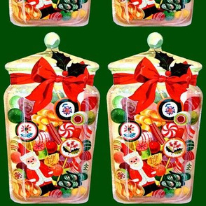 Merry Christmas xmas Santa Claus bows ribbons mistletoe candy canes peppermint sweets jars bon bon lollipop vintage retro kitsch 