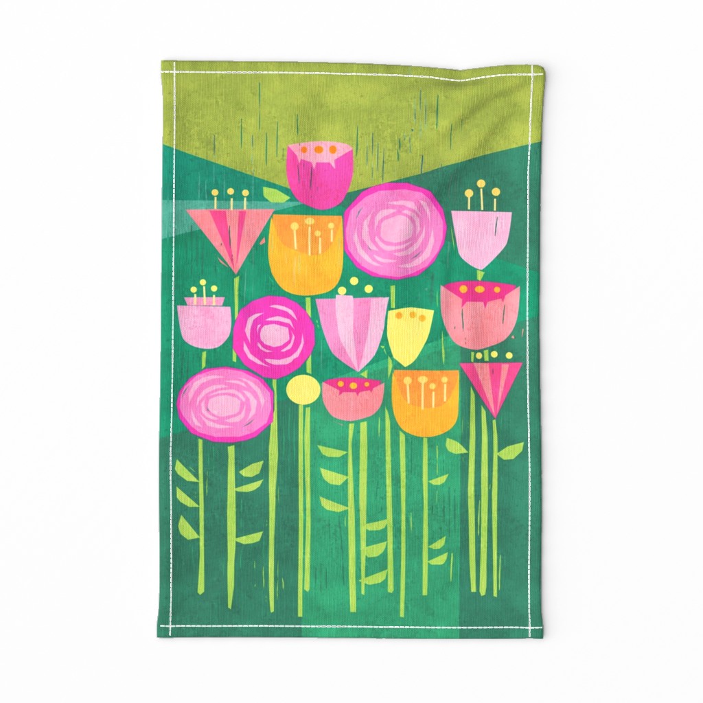 Blocky Blooms tea towel