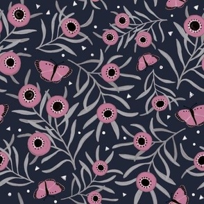 Ditsy Blooms and Butterflies - Pink/Navy