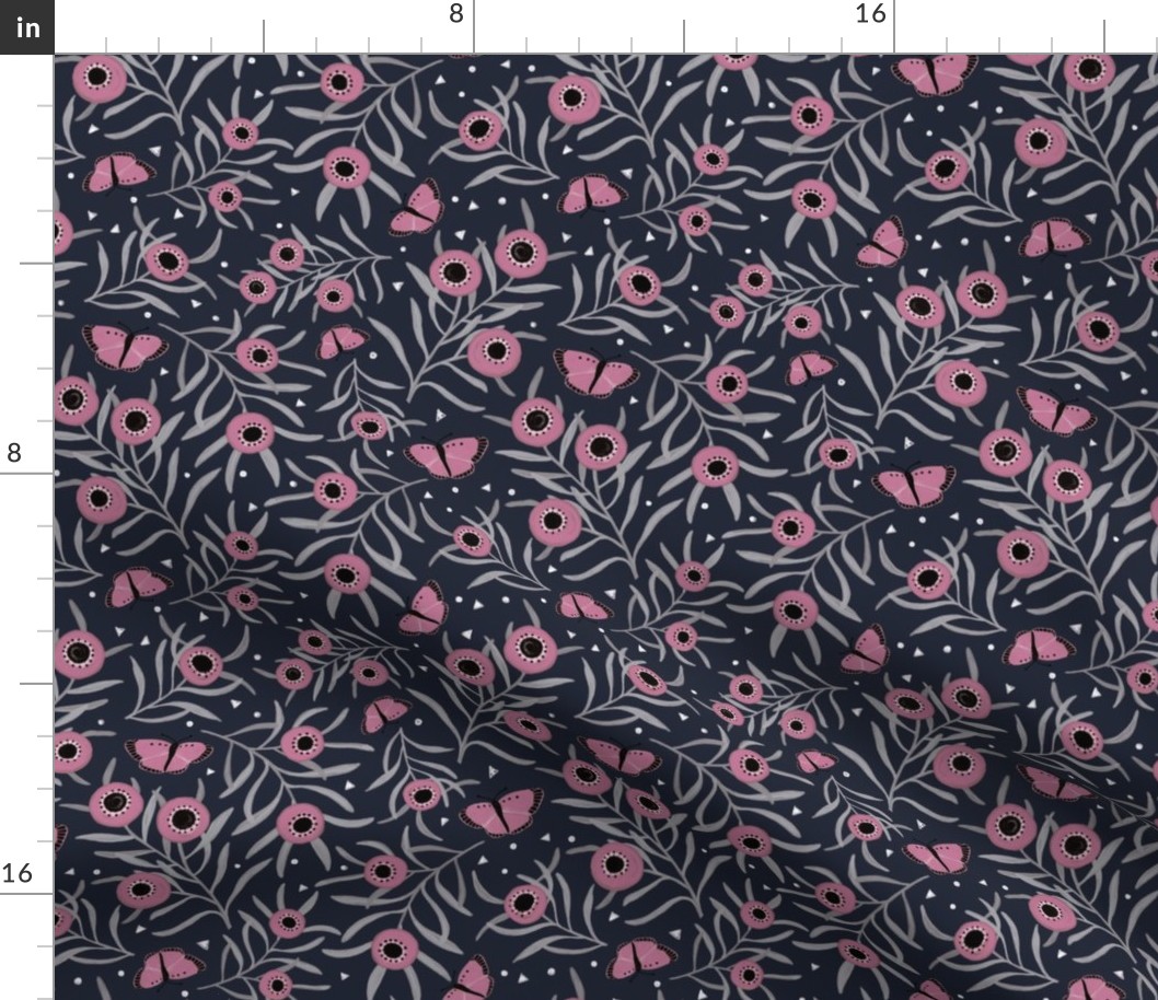 Ditsy Blooms and Butterflies - Pink/Navy