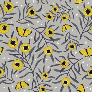 Ditsy blooms and butterflies - Yellow/Grey