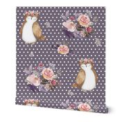 8" Owl & Floral Bouquet / Lilac & White Polka Dots