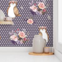 8" Owl & Floral Bouquet / Lilac & White Polka Dots