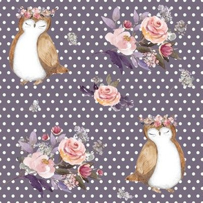 8" Owl & Floral Bouquet / Lilac & White Polka Dots