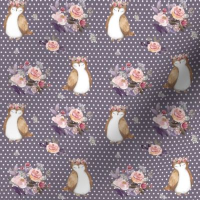 4" Owl & Floral Bouquet / Lilac & White Polka Dots